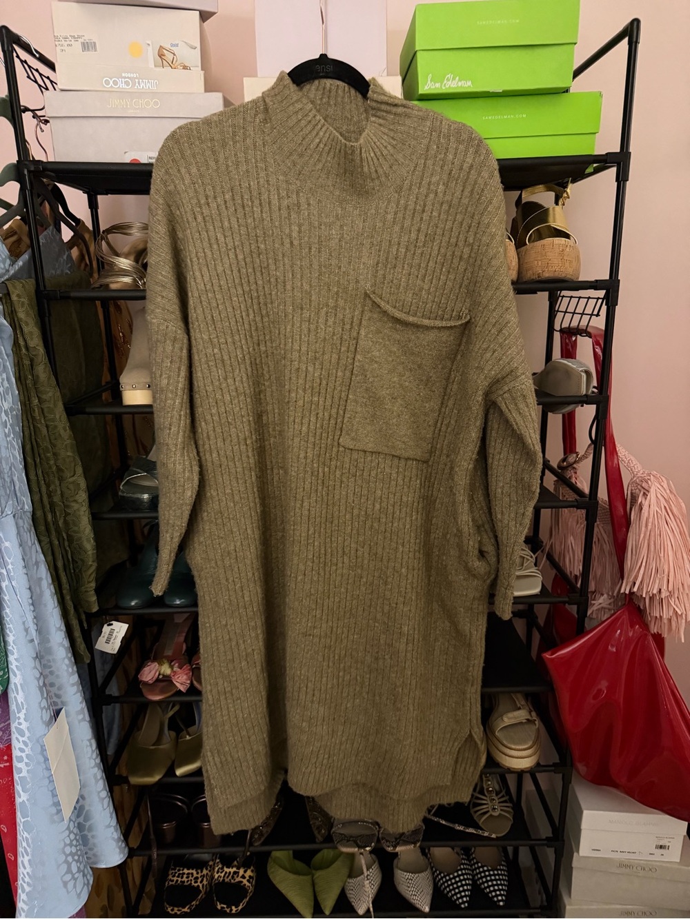 Ribbed Cowl-Neck Sweater Dress with Pocket in Olive